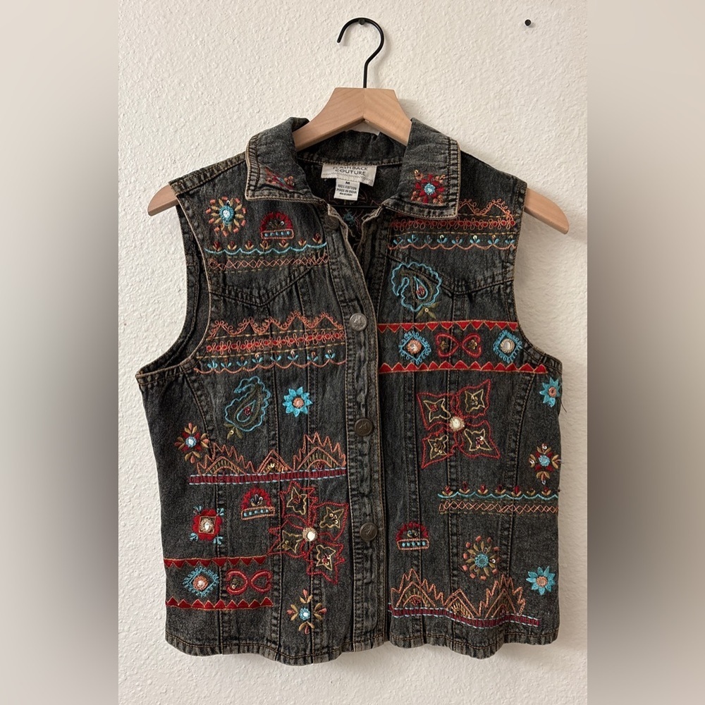 VTG Flashback Couture Womens Denim Vest Embroidered Button Up Boho Size M